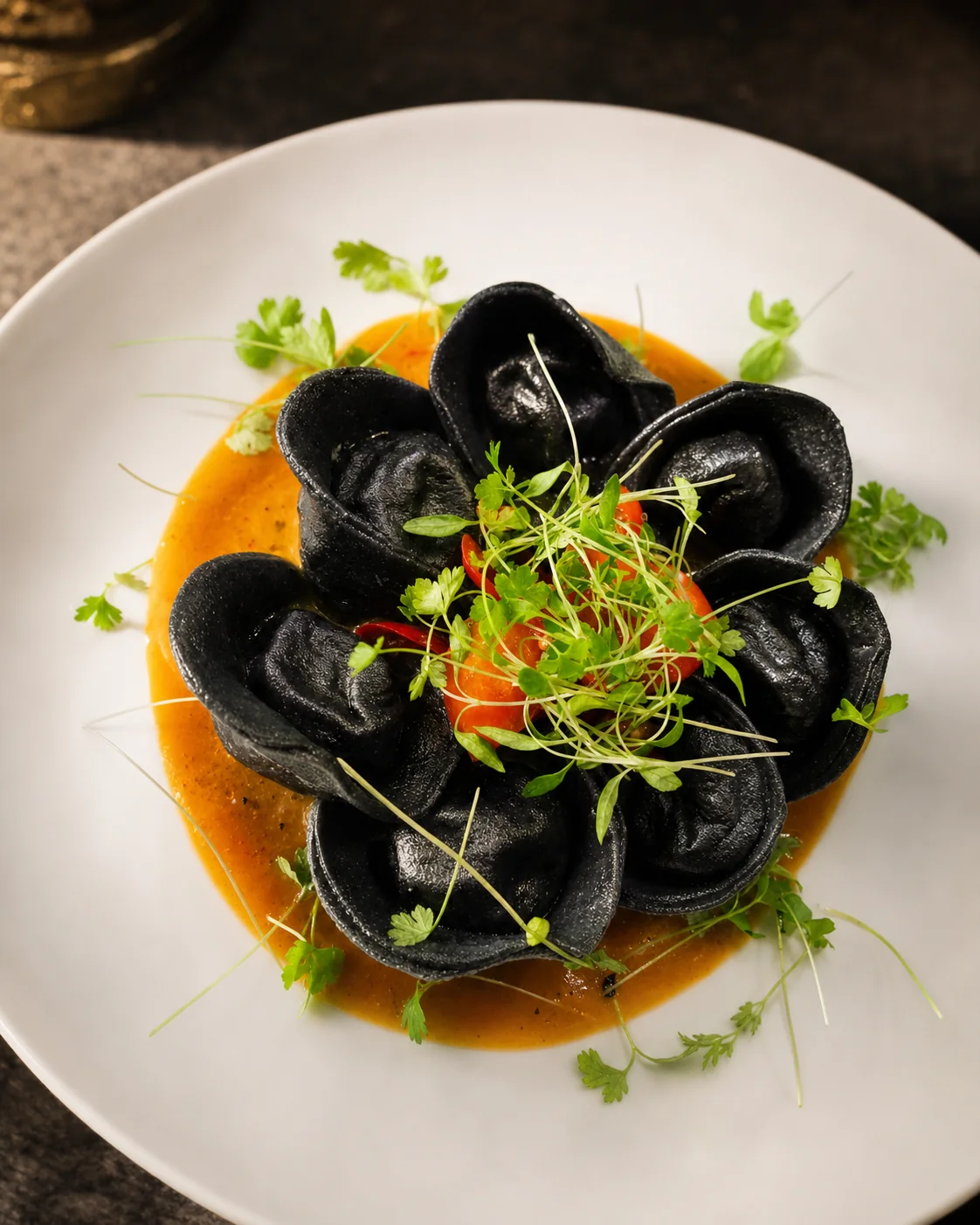 Black handmade ravioli arranged around a bright seasonal sauce